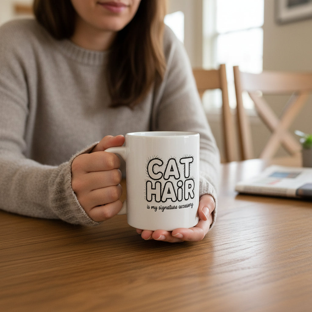 Cat Hair Mug – Funny Cat Lover Coffee Cup  “Cat Hair Is My Signature Accessory” ; Gift for Cat Moms & Cat Dads