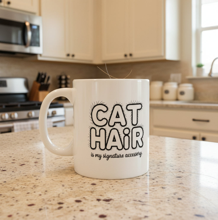 Cat Hair Mug – Funny Cat Lover Coffee Cup  “Cat Hair Is My Signature Accessory” ; Gift for Cat Moms & Cat Dads